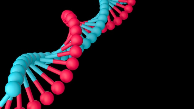 Modelo de molécula de ADN colorido aislado en fondo negro, use el modo de pantalla para eliminar el fondo