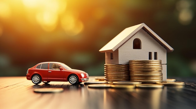 modelo de monedas de la casa y coche de dinero en el concepto de préstamo de coche de mesa