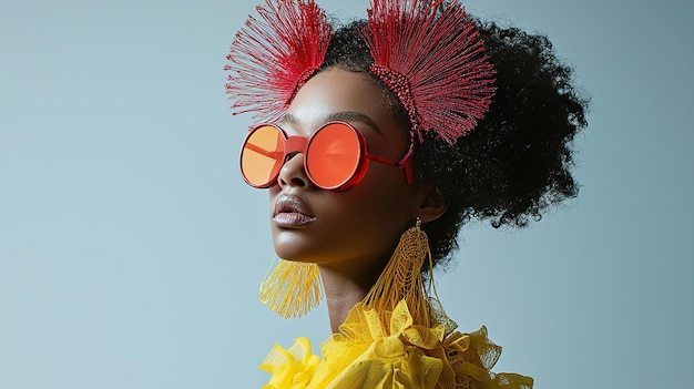 Modelo mostrando accesorios de moda contra un telón de fondo amarillo vibrante en un entorno de estudio