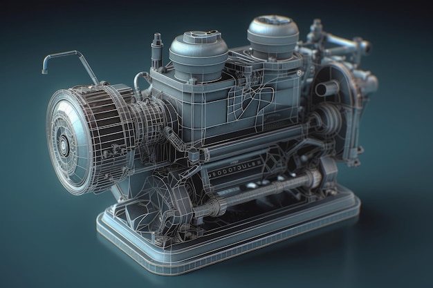 Modelo de motor 3D sobre un fondo azul IA generativa