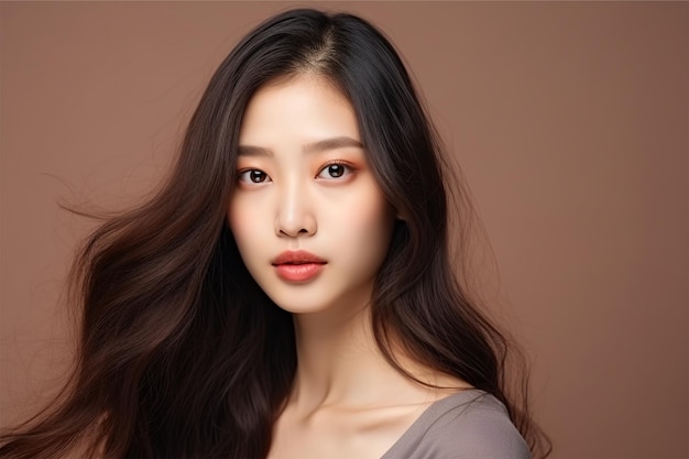 Modelo de mujer de belleza asiática joven cabello largo con estilo de maquillaje coreano en la cara y piel perfecta en isolat