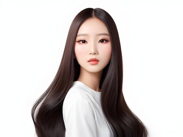 Modelo de mujer de belleza asiática joven cabello largo con estilo de maquillaje coreano en la cara y piel perfecta