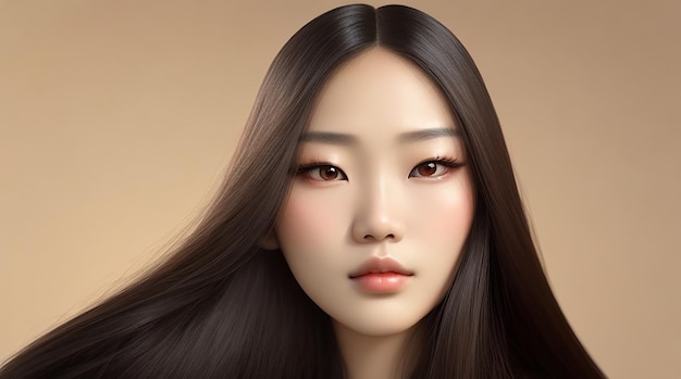 Modelo de mujer de belleza asiática joven cabello largo con estilo de maquillaje coreano en la cara y piel perfecta