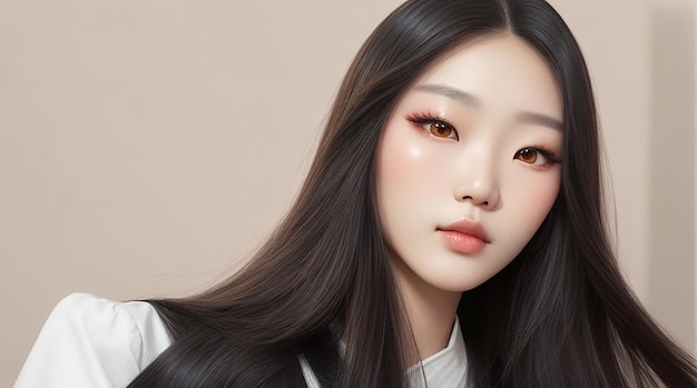 Modelo de mujer de belleza asiática joven cabello largo con estilo de maquillaje coreano en la cara y piel perfecta