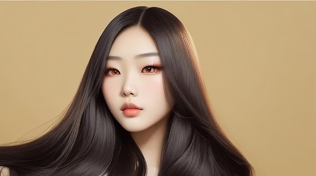 Modelo de mujer de belleza asiática joven cabello largo con estilo de maquillaje coreano en la cara y piel perfecta