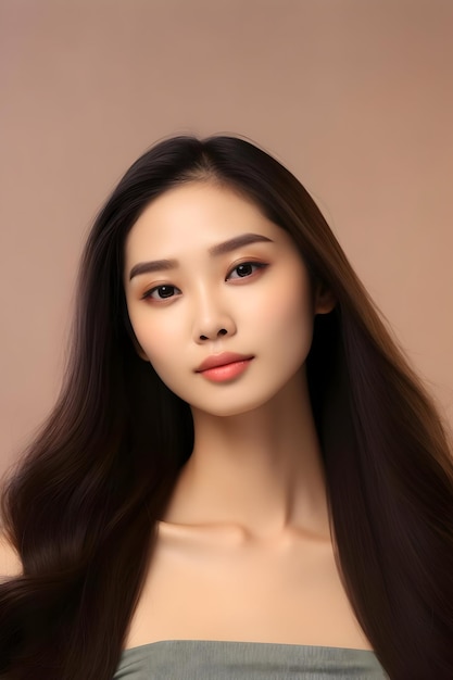 Modelo de mujer joven de belleza asiática con pelo largo con maquillaje coreano sobre fondo beige Alta calidad