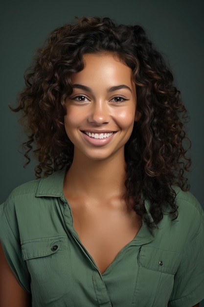 Foto modelo de mujer negra sonriente en un fondo verde claro sólido