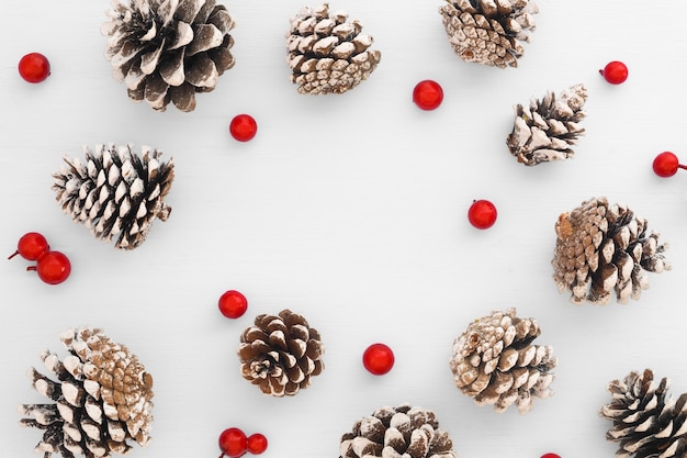 Foto modelo de la navidad hecho de conos del pino y de bayas rojas en el fondo blanco.