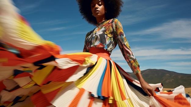 Una modelo negra de moda parisina posando con un vestido colorido