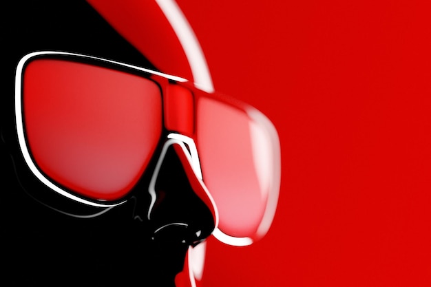 Modelo negro de un hombre con gafas de sol realistas bajo una ilustración 3d de luz de neón roja