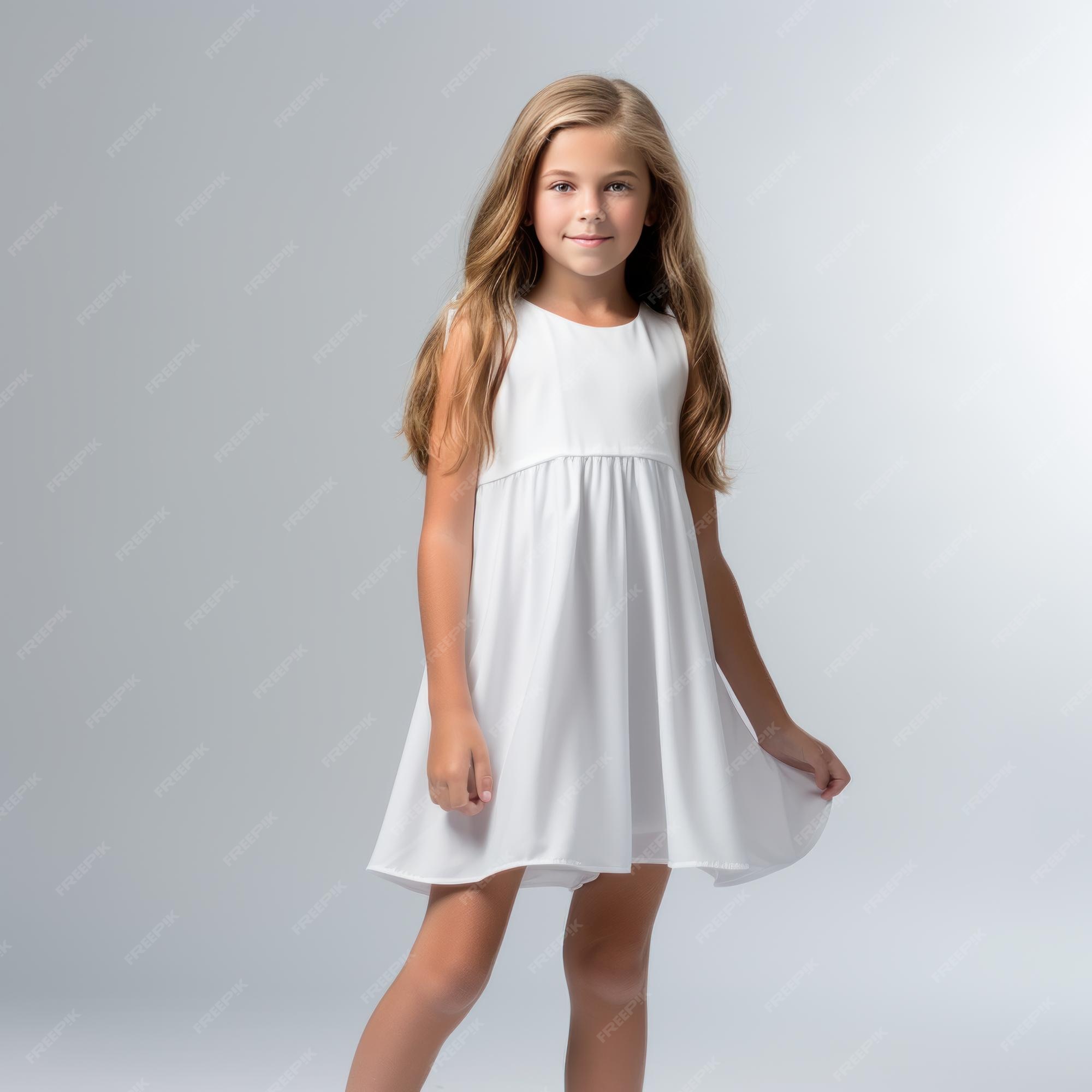 Una modelo de niña de 8 años con un vestido blanco. Foto Premium