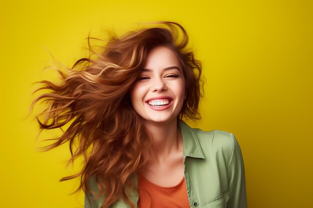 Modelo de niña entusiasta Retrato brillante Color vibrante Pose dinámica Diseño de sonrisa alegre