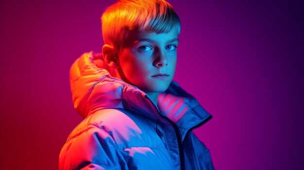 Foto un modelo de niño con una chaqueta colorida con soportes frente a un fondo de neón