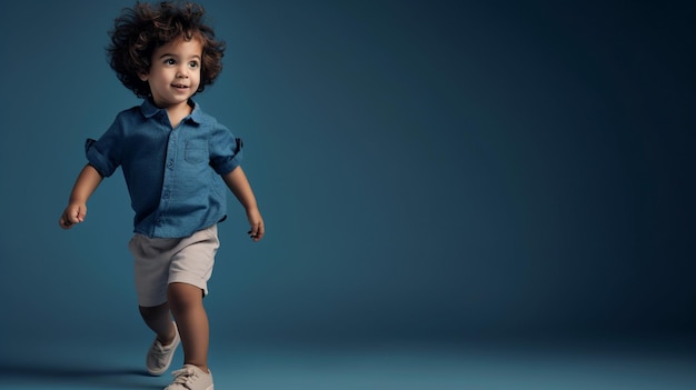 Un modelo de niño de moda se encuentra en un estudio mirando directamente a la cámara.