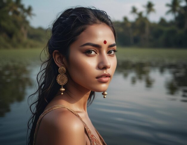 Foto modelo oriental con traje nacional en el agua