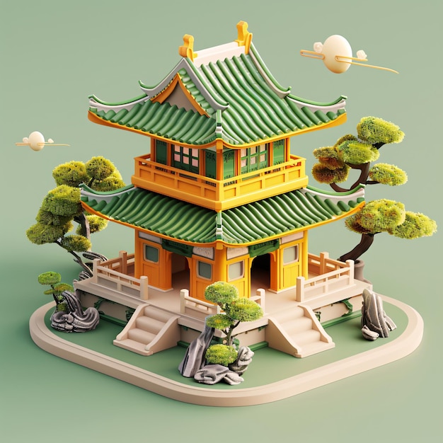 un modelo de una pagoda con un techo verde y un edificio amarillo con un tejado verde 3D estilo chino ancie