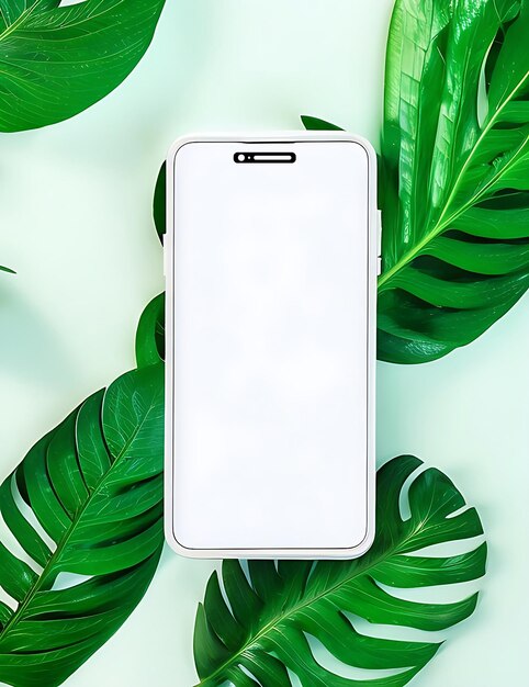 Foto modelo de pantalla de teléfono móvil blanco vacío para anuncios de aplicaciones de productos con hojas verdes de la naturaleza