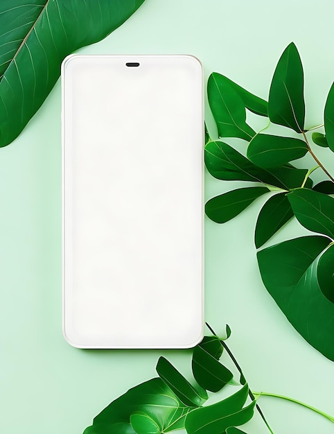 Foto modelo de pantalla de teléfono móvil blanco vacío para anuncios de aplicaciones de productos con hojas verdes de la naturaleza