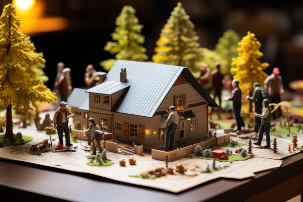 Un modelo de papel de una casa dispuesto frente a una pluma Un modelo de una casa rodeada de personas y árboles