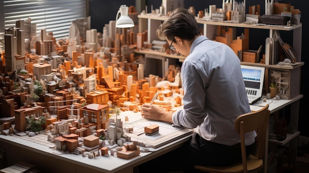 Modelo de papel origami de un arquitecto trabajando en planos de construcción en su oficina