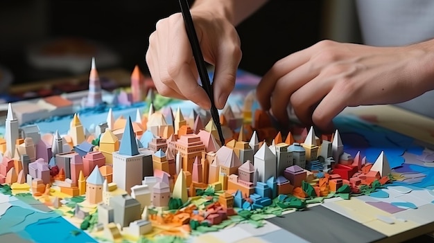Modelo de papel origami de un arquitecto trabajando en planos de construcción en su oficina
