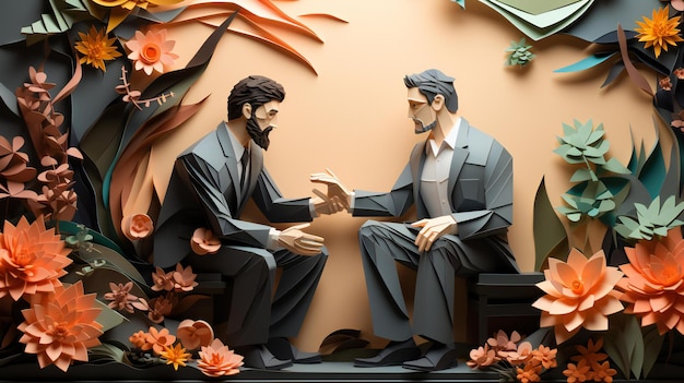 Modelo de papel origami de dos hombres de negocios que se dan la mano