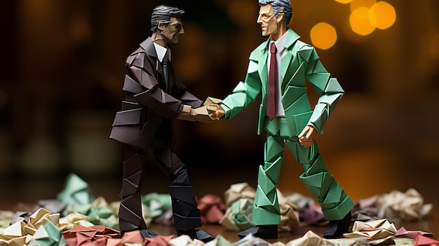 Modelo de papel origami de dos hombres de negocios que se dan la mano