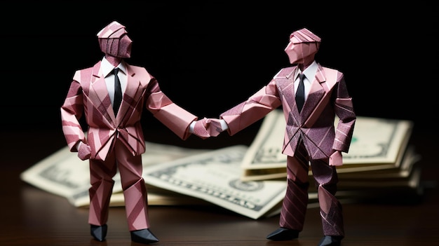 Foto modelo de papel origami de dos hombres de negocios que se dan la mano