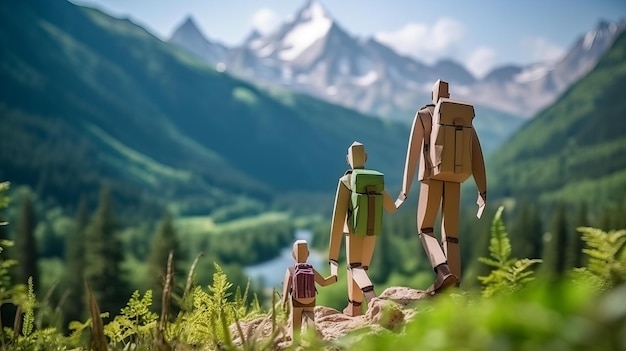 Modelo de papel de origami de una familia en vacaciones haciendo una caminata en un hermoso paisaje en la naturaleza