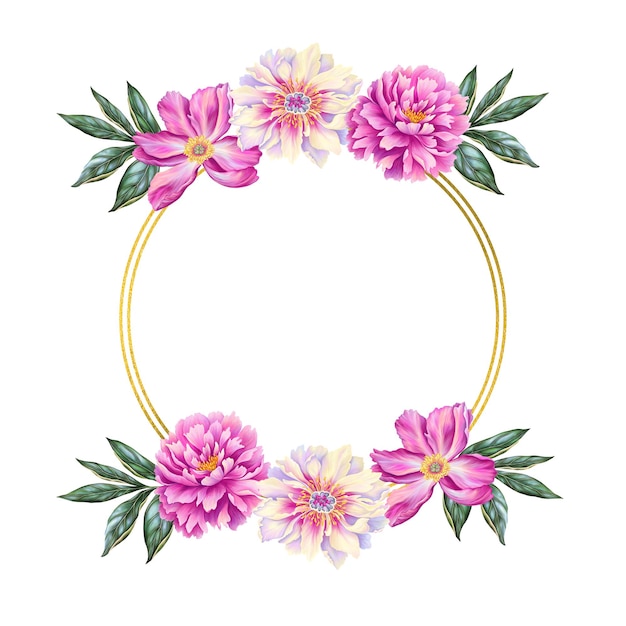 Modelo para texto com bela moldura de peônia ou borda com flores cor-de-rosa com folhas realistas altas