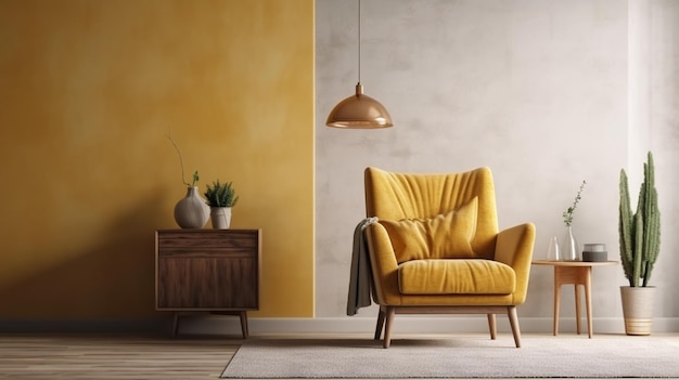 Modelo de pared interior de la sala de estar de tono cálido con un sillón amarillo y un fondo de una gradación de color de pared blanca