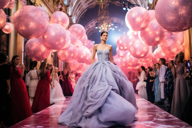 Una modelo se pavonea con gracia por la pasarela en un desfile de moda Un extravagante baile de alta costura en París Generado por IA