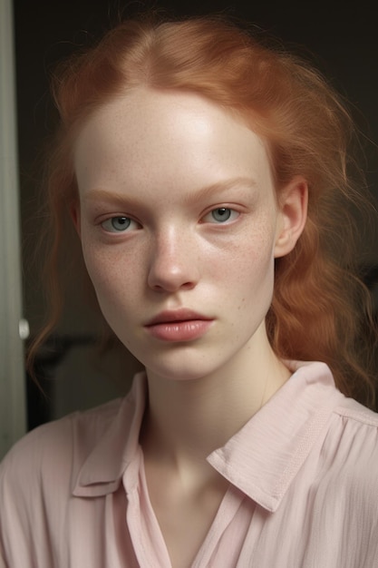 Una modelo con el pelo rojo y una camiseta rosa.