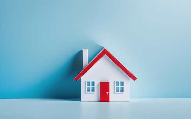 Foto modelo de una pequeña casa blanca con techo rojo en fondo azul