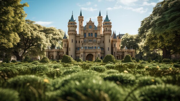 Foto un modelo de un pequeño castillo en la hierba verde