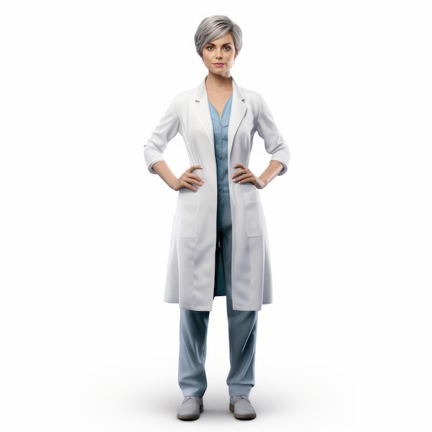 Modelo de personaje fotorrealista en 3D de Jennifer Doctor en abrigo blanco