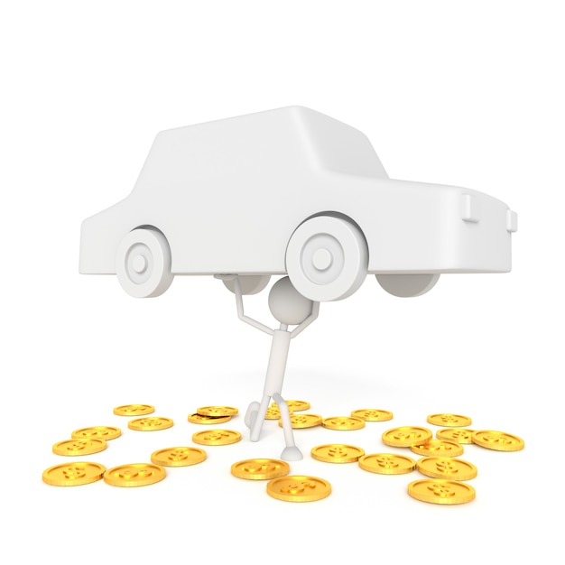 Modelo de personas elevar el coche con concepto deudor. Representación 3D