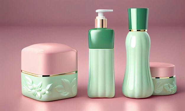 Modelo de plantilla de botellas de cosméticos Envases limpios de esmeralda para loción de crema en fondo rosa vista superior IA generativa
