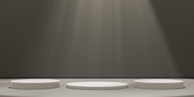 Modelo de plantilla de renderización 3D de podio de cilindro blanco en fondo marrón con rayos de luz