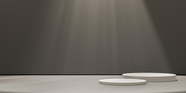 Modelo de plantilla de renderización 3D de podio de cilindro blanco en fondo marrón con rayos de luz