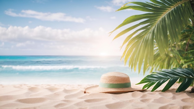 Modelo de playa de mar tropical y hoja de palma en el fondo de la orilla del mar para la protección de la playa de la isla de Hawai de verano arena y olas del océano de un paraíso exótico