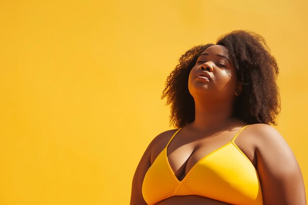 Modelo PlusSize en lencería de mostaza contra un fondo amarillo vibrante Belleza empoderada