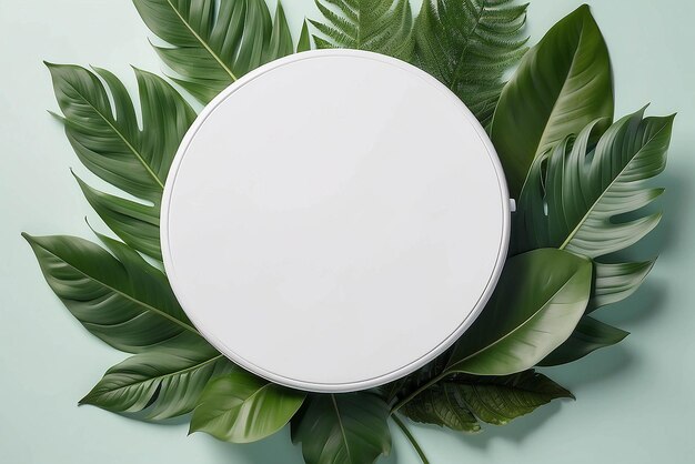 Modelo de podio redondo de plantilla blanca para la presentación de productos cosméticos orgánicos naturales concepto de anuncio en verde eco bosque hojas frescas naturaleza plano de fondo de moda elegante minimalista plano de maquillaje