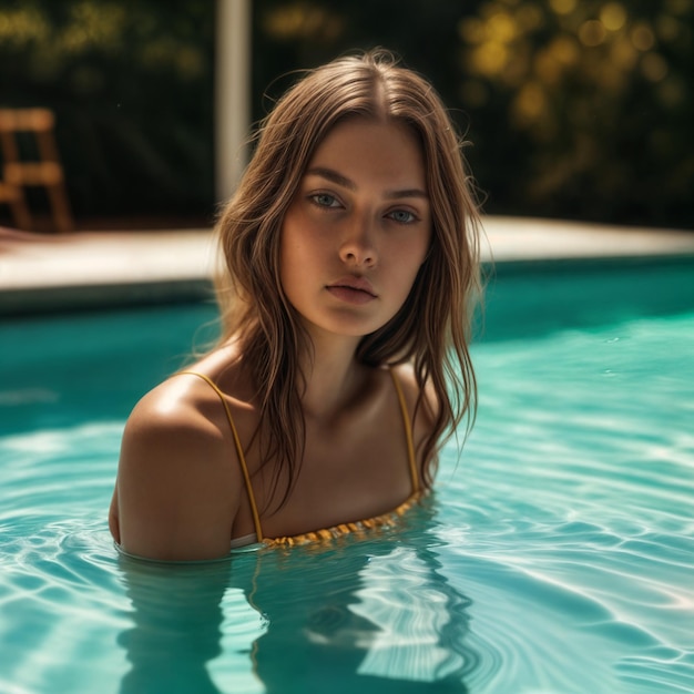 Modelo posando en la piscina con bikini y gafas