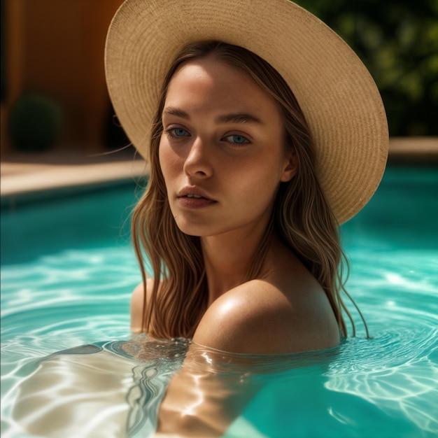 Foto modelo posando en la piscina con bikini y gafas
