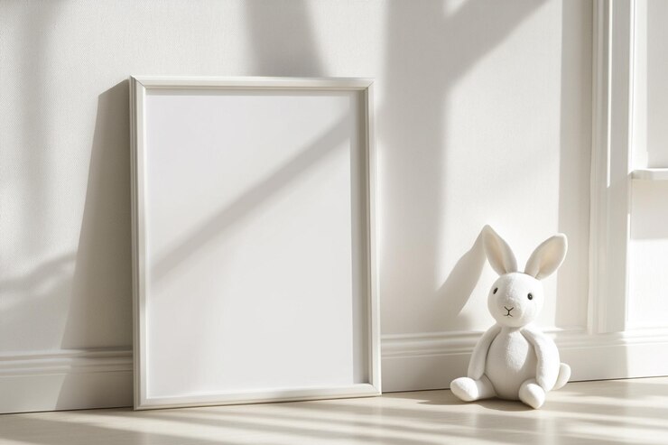 Modelo de póster escandinavo minimalista con juguete de conejo blanco y tonos pastel polvorientos