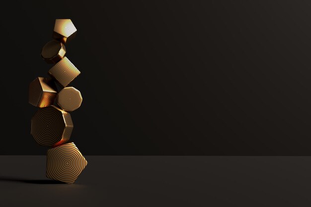 Modelo pronto de design de renderização 3D abstrato com objetos pretos e dourados