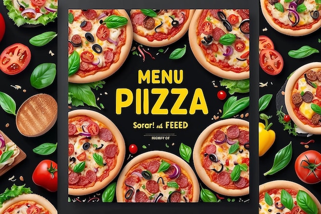 Modelo de publicación de alimentos en las redes sociales para el menú Volante de promoción de ventas para la hamburguesa de pizza