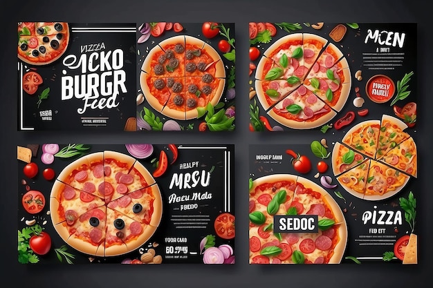 Modelo de publicación de alimentos en las redes sociales para el menú Volante de promoción de ventas para la hamburguesa de pizza
