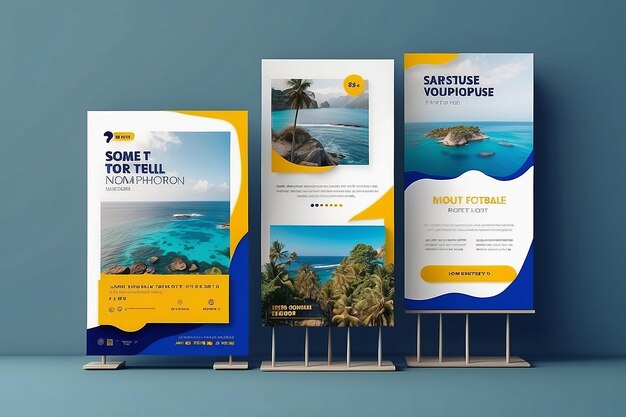 Foto modelo de publicación editable para anuncios de redes sociales anuncios de banner web para diseño de promoción de viajes con color azul y amarillo